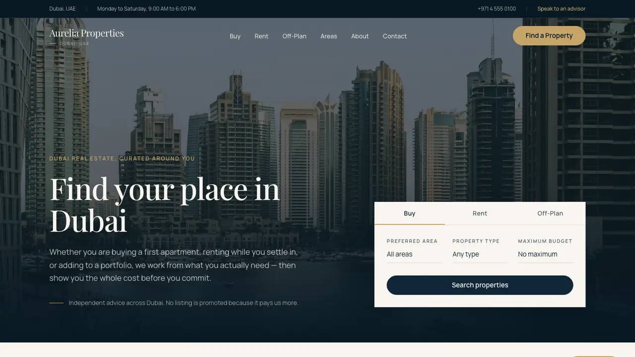 The Aurelia Properties demo homepage: a Dubai property search, with the Ask Ayla assistant in the corner.